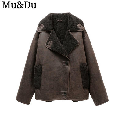 Mu&Du 2023 Jachetă de iarnă pentru femei, vintage, cu rever gros, din piele artificială, din lână de miel, cu un singur piept, haine calde de stradă.