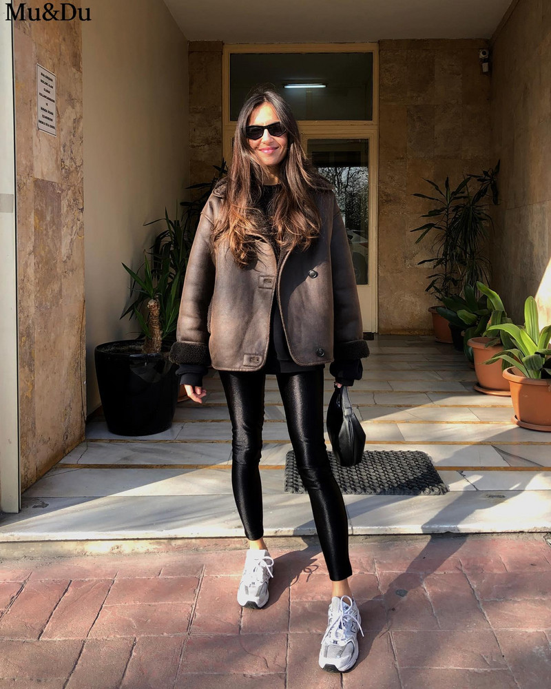 Mu&Du 2023. Zimska ženska nova vintage jakna od umjetne kože od janjeće vune s debelim reverom, jednoredno kopčanje, topli kaputi s uličnim džepovima