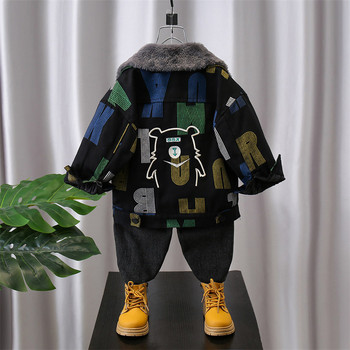 Ново детско дънково плюшено палто Модно момчешко яке с букви Зима 2-11 г