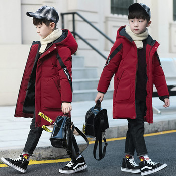 Зимни момчета Ветроустойчиви топли памучни якета с качулка и цип, дълги пухени якета, училищни детски термопарки, детско снежно палто 5-15 години