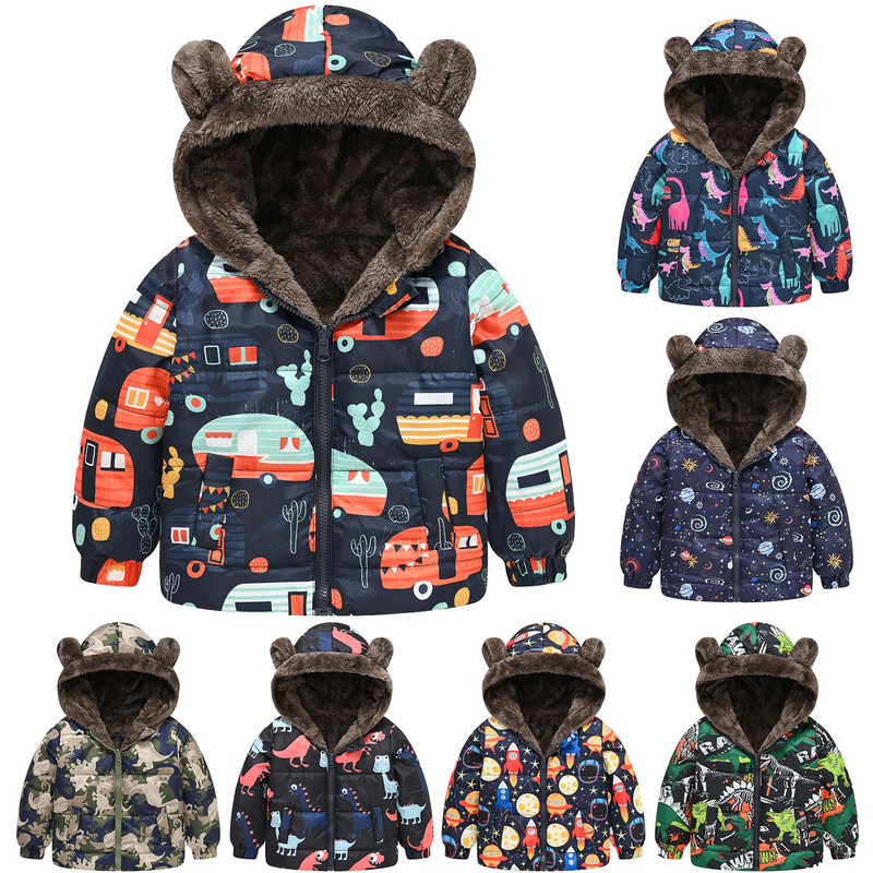 Vjetrovka Dječji topli kaput Zimska dječja jakna za djevojčice, s kapuljačom, slatkim crtežima, gornja odjeća za malu djecu, patentni zatvarač, otporna na vjetar