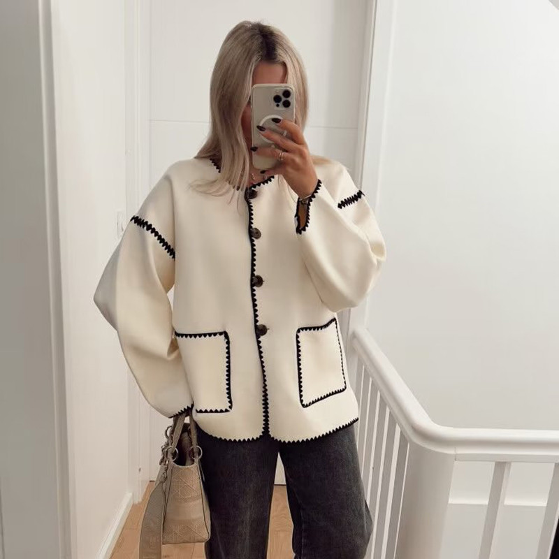 Elegantna patchwork jakna s džepovima Ženske kapute dugih rukava s O-izrezom i gumbima 2023. Jesen Zima Moda Topla ulična odjeća Ženska gornja odjeća