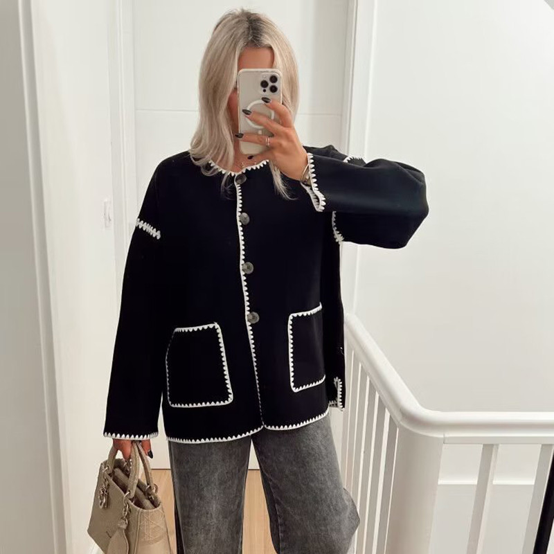 Elegantna patchwork jakna s džepovima Ženske kapute dugih rukava s O-izrezom i gumbima 2023. Jesen Zima Moda Topla ulična odjeća Ženska gornja odjeća