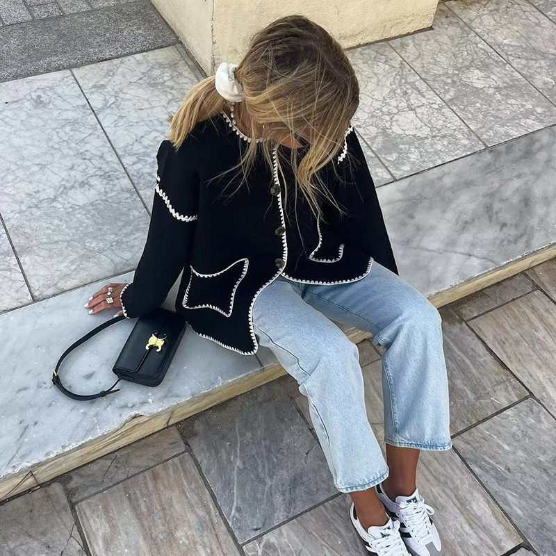 Elegantna patchwork jakna s džepovima Ženske kapute dugih rukava s O-izrezom i gumbima 2023. Jesen Zima Moda Topla ulična odjeća Ženska gornja odjeća