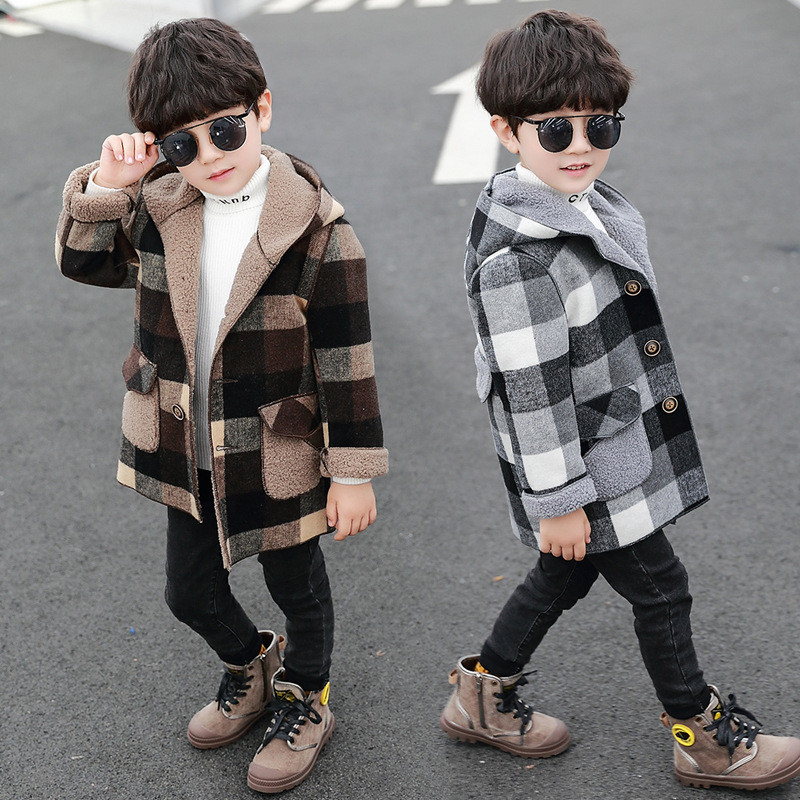 Modna odjeća za dječake Jakne Jesen Zima Parka Odjeća Srednje dugačak kaput Vjetrovka Karirani deblji janjeći dječji vuneni kaputi