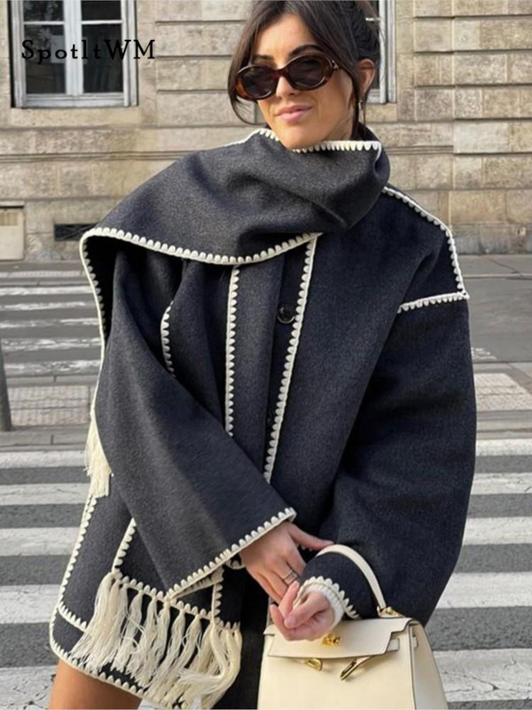 Ženski modni topli kaputi sa šalom Elegantne jakne s jednorednim kopčanjem dugih rukava 2023. Ženska široka ulična odjeća