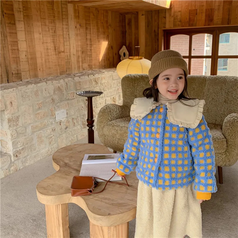 Prošiveni kaput za djevojčice Novi zimski pamučni kaput za djevojčice 2023. Podebljana pamučna jakna s reverima Karirani pamučni kaput odgovarajuće boje