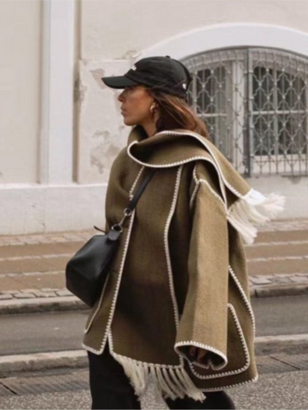 Ženski kaput s kontrastnim kopčanjem i šalom, dugih rukava, prevelika široka jakna s resicama 2023., modne ležerne majice jesen-zima