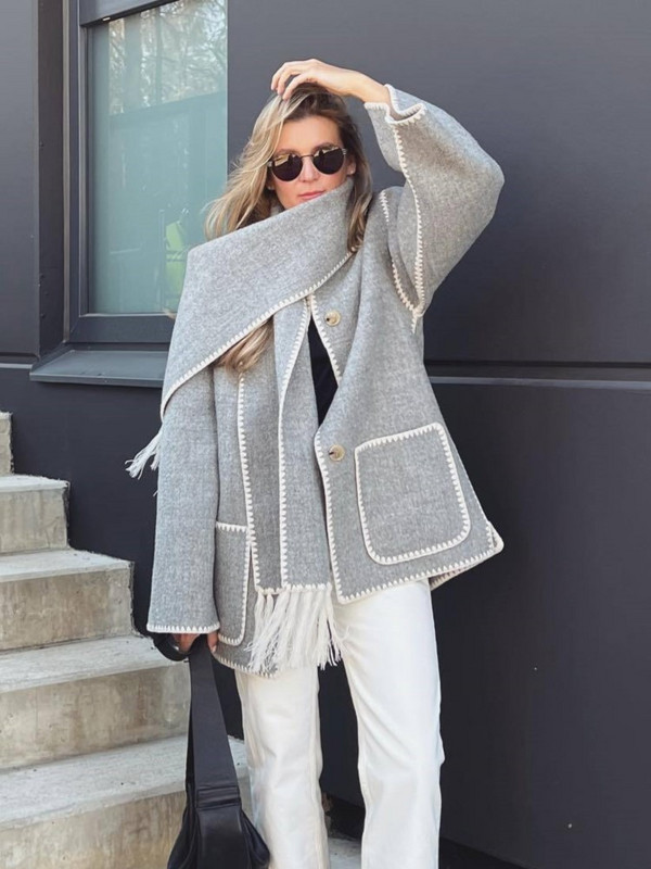 Ženski kaput s kontrastnim kopčanjem i šalom, dugih rukava, prevelika široka jakna s resicama 2023., modne ležerne majice jesen-zima