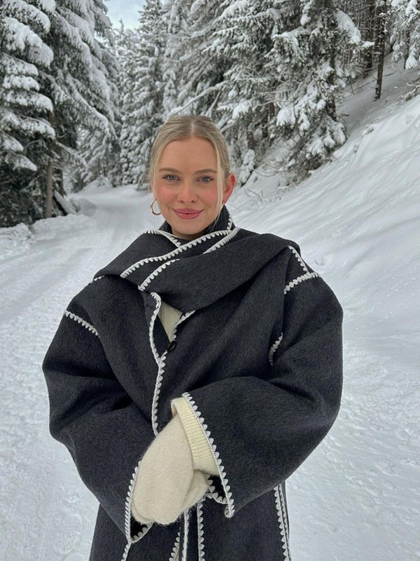 Jakna s resicama, šalom i ovratnikom Ženski jesenski vuneni patchwork kaputi s džepovima na jedno kopčanje 2023. Labavi ležerni modni ženski uredski kaput