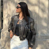 RARF Women Washed Leather Loose Jacket Vintage Stand Κολάρο με φερμουάρ ντεγκραντέ Κοντό παλτό Spring Lady Locomotive Style Chic παλτό