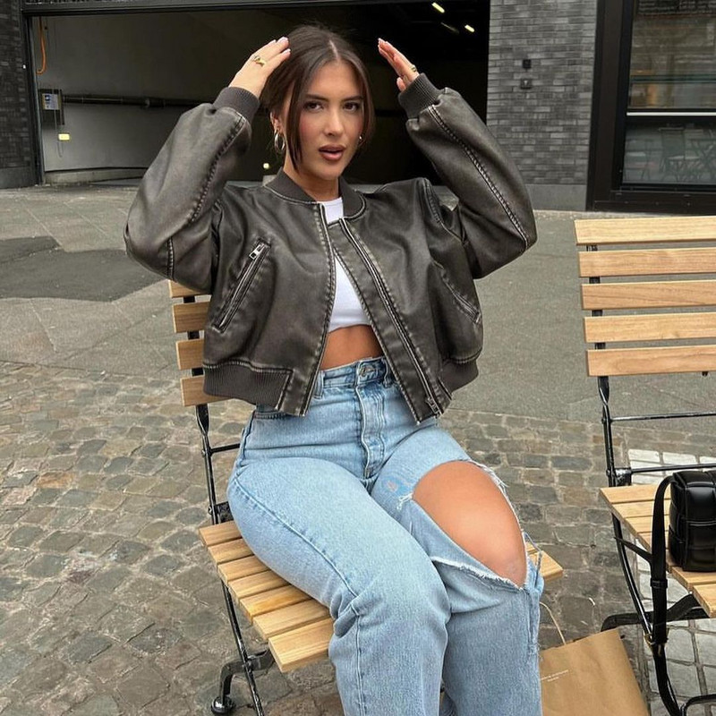 RARF Ženska široka jakna od isprane kože, vintage, samostojeći ovratnik, gradijent, patentni zatvarač, kratki kaput Proljetni ženski šik kaput u stilu lokomotive