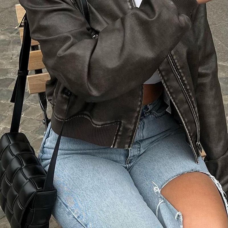 RARF Ženska široka jakna od isprane kože, vintage, samostojeći ovratnik, gradijent, patentni zatvarač, kratki kaput Proljetni ženski šik kaput u stilu lokomotive