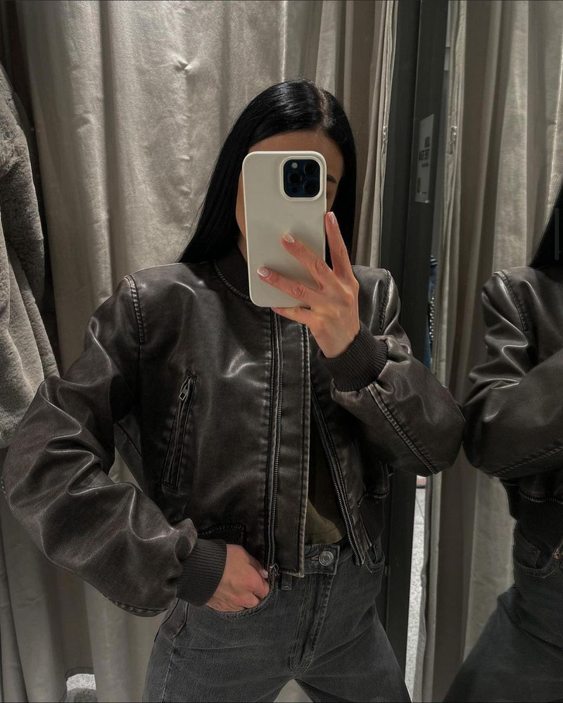 RARF Ženska široka jakna od isprane kože, vintage, samostojeći ovratnik, gradijent, patentni zatvarač, kratki kaput Proljetni ženski šik kaput u stilu lokomotive