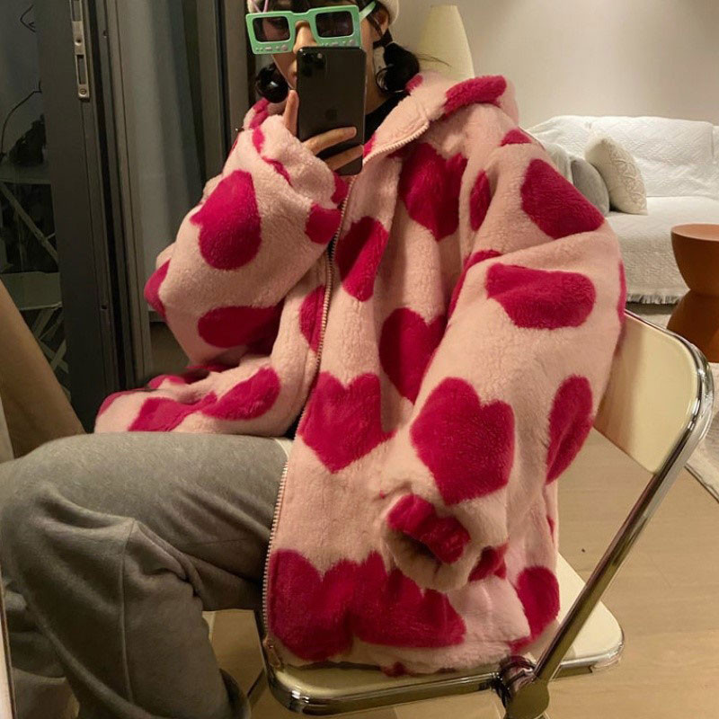 Harajuku plišana jakna s printom u obliku srca Ženska korejska jakna s kapuljačom dugih rukava zima 2022. Debela topla ulična gornja odjeća za par