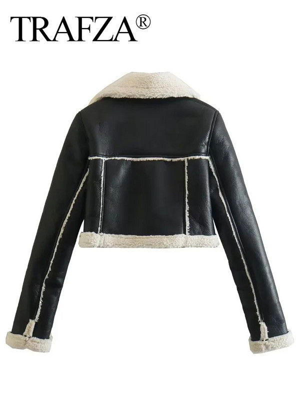 TRAFZA Ženski debeli topli kaput Vintage čvrsti prednji patentni zatvarač s reverom i izrezom Jakne dugih rukava Jesen Zima Ženska ležerna gornja odjeća