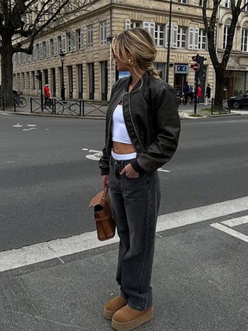 Μόδα Γυναικεία μπουφάν Bomber Chic Cropped Δερμάτινο Κοντό Παλτό Γυναικείο Stand γιακά Γοτθικά Αγωνιστικά Μπουφάν Biker Motorcycle Outerwear