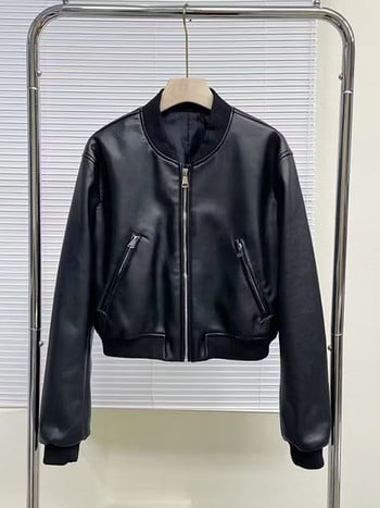 Μόδα Γυναικεία μπουφάν Bomber Chic Cropped Δερμάτινο Κοντό Παλτό Γυναικείο Stand γιακά Γοτθικά Αγωνιστικά Μπουφάν Biker Motorcycle Outerwear