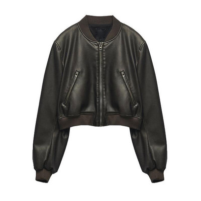 Μόδα Γυναικεία μπουφάν Bomber Chic Cropped Δερμάτινο Κοντό Παλτό Γυναικείο Stand γιακά Γοτθικά Αγωνιστικά Μπουφάν Biker Motorcycle Outerwear