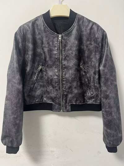 Μόδα Γυναικεία μπουφάν Bomber Chic Cropped Δερμάτινο Κοντό Παλτό Γυναικείο Stand γιακά Γοτθικά Αγωνιστικά Μπουφάν Biker Motorcycle Outerwear