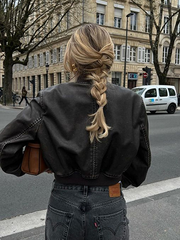 Modna ženska bomber jakna Chic skraćeni kožni kratki kaput Ženski samostojeći ovratnik Gotičke trkaće jakne Motoristička gornja odjeća