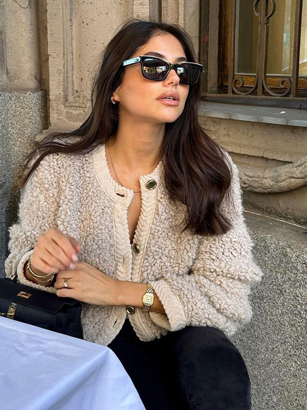 Ženski modni jednoredni pleteni kaputi od frotira Ležerne jakne s dugim rukavima s O izrezom 2023. Zimska ženska vanjska odjeća