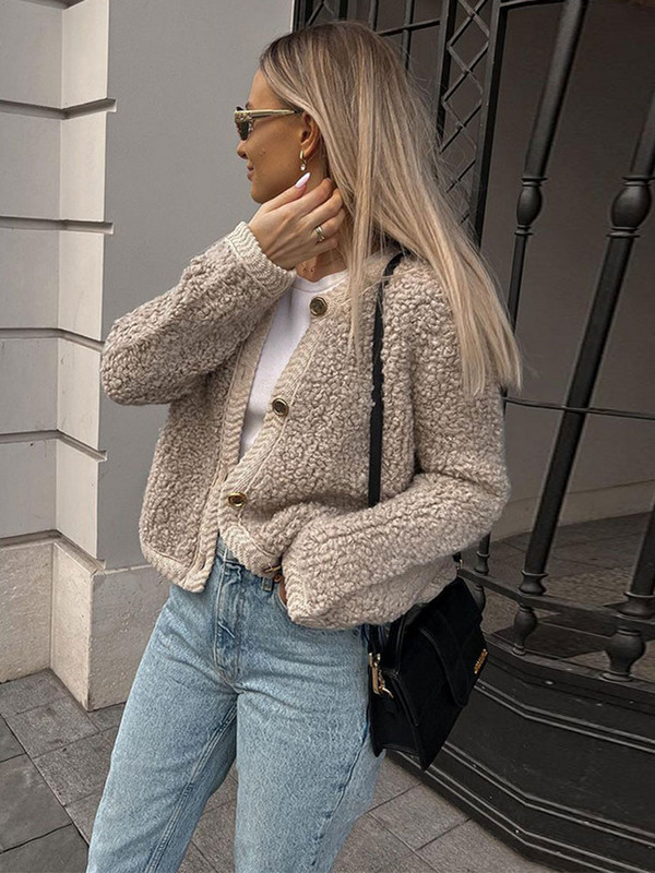 Ženski modni jednoredni pleteni kaputi od frotira Ležerne jakne s dugim rukavima s O izrezom 2023. Zimska ženska vanjska odjeća