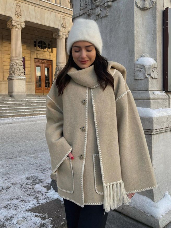 Vunena jakna Ženska jesen Patchwork Šal s resicama Jednoredno kopčanje Kaputi s džepovima Ležerna modna široka majica dugih rukava Ulična odjeća