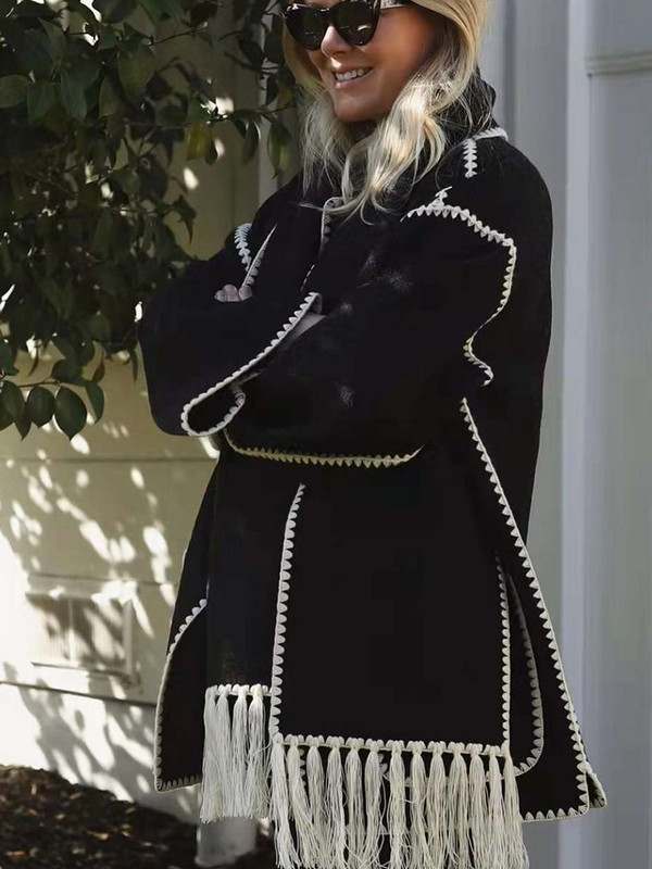 Vunena jakna Ženska jesen Patchwork Šal s resicama Jednoredno kopčanje Kaputi s džepovima Ležerna modna široka majica dugih rukava Ulična odjeća