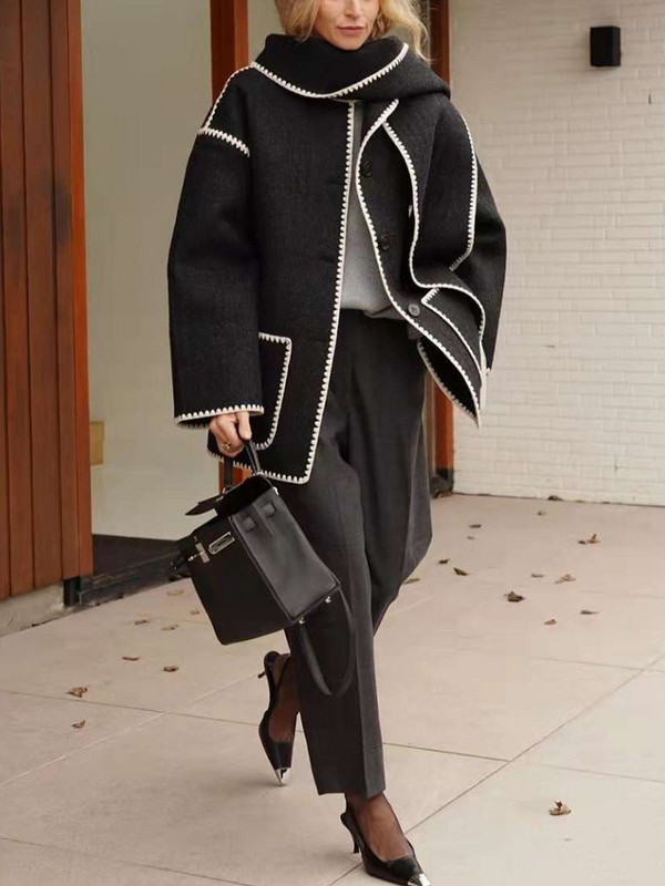 Vunena jakna Ženska jesen Patchwork Šal s resicama Jednoredno kopčanje Kaputi s džepovima Ležerna modna široka majica dugih rukava Ulična odjeća