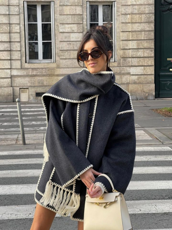 Vunena jakna Ženska jesen Patchwork Šal s resicama Jednoredno kopčanje Kaputi s džepovima Ležerna modna široka majica dugih rukava Ulična odjeća