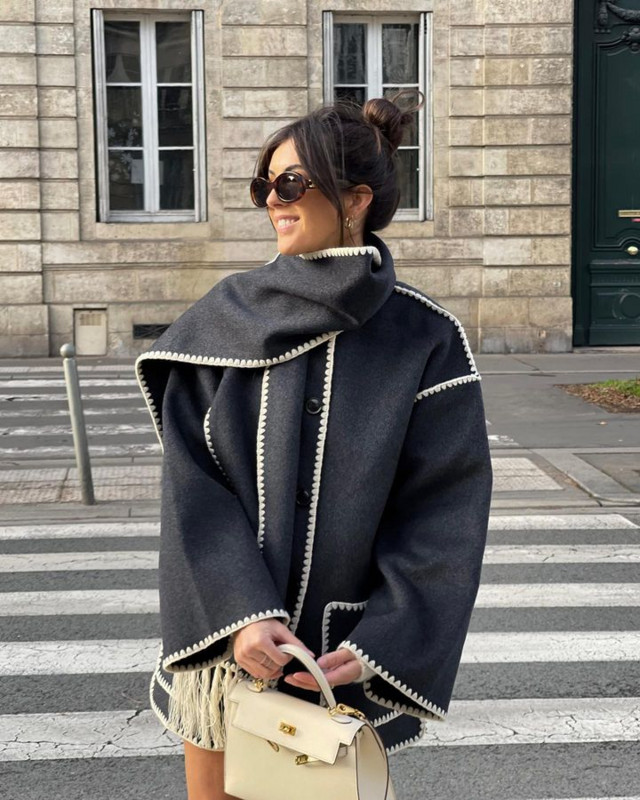 Vunena jakna Ženska jesen Patchwork Šal s resicama Jednoredno kopčanje Kaputi s džepovima Ležerna modna široka majica dugih rukava Ulična odjeća