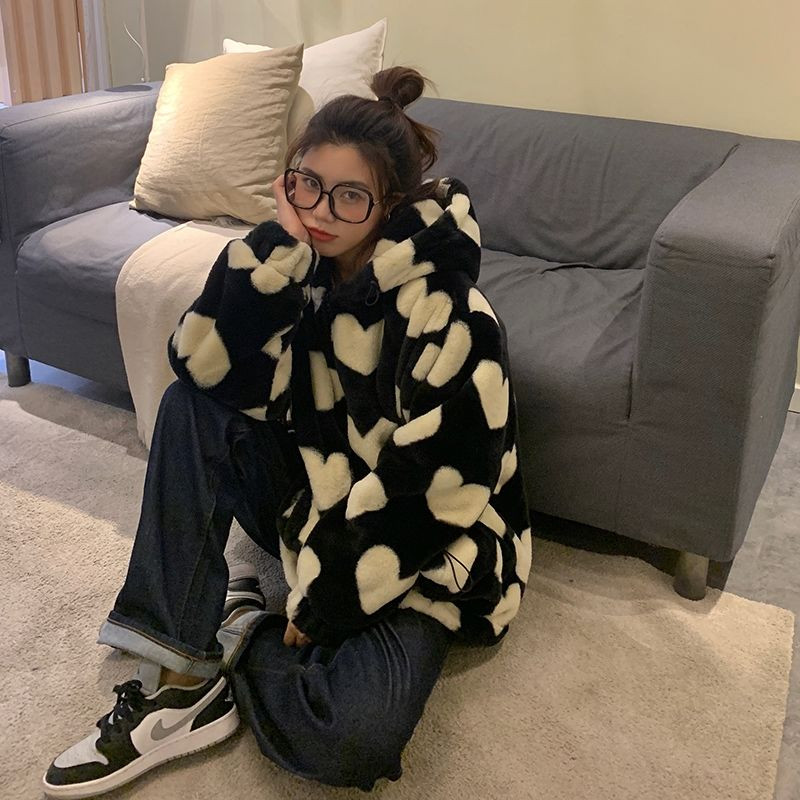 Ženska jakna od umjetnog zečjeg krzna, jesen i zima 2023., nova ljubavna plišana jakna, ženska opuštena, debela pamučno podstavljena odjeća s kapuljačom