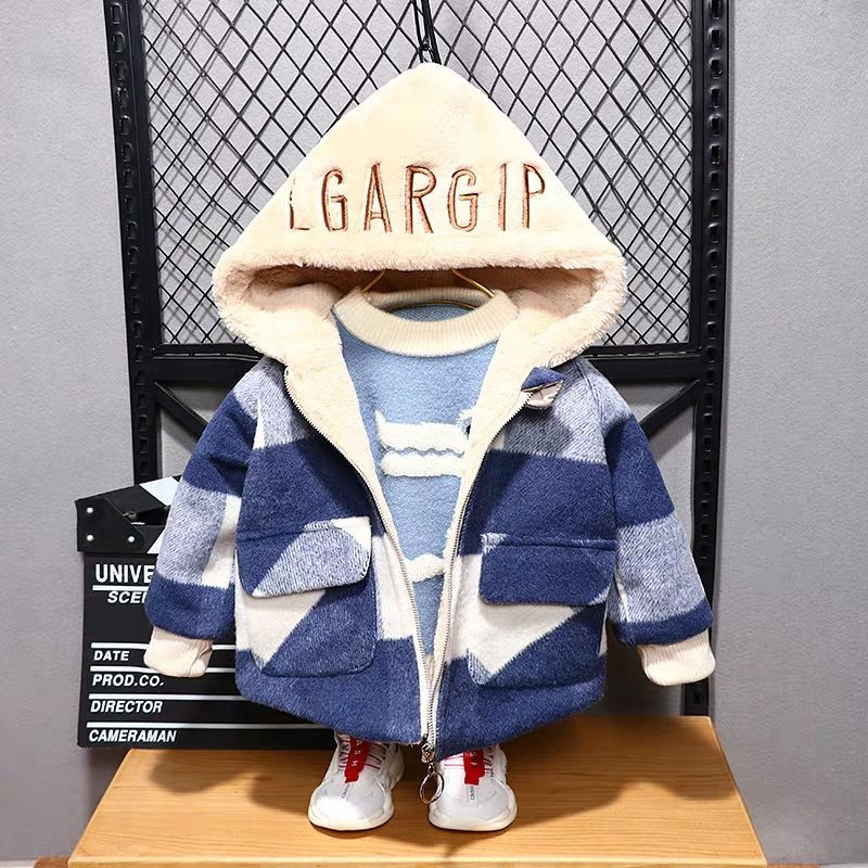 Dječji vuneni kaput s kapuljačom za dječake, novi zimski baršunasti termo karirani kaput za slobodno vrijeme, sportove na otvorenom, gornji dio