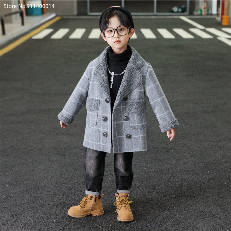 Nova modna karirana vunena jakna za dječake za zimu Dječji kaput od mješavine vune Topla gornja odjeća Odjeća za tinejdžerice 3-13 godina