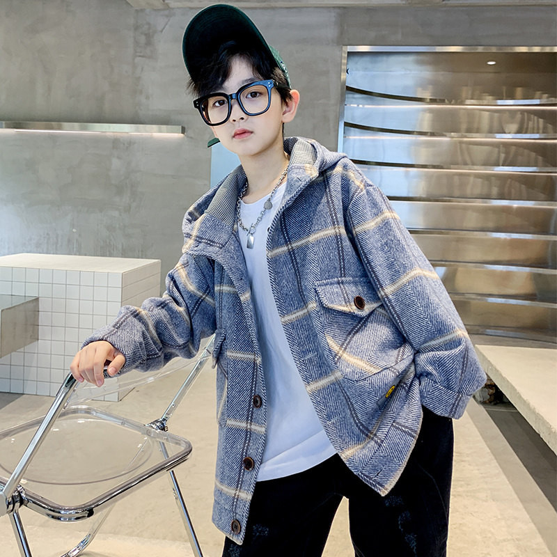 Novi dolazak, kaput od mješavine vune s kapuljačom za dječake, tinejdžere, 2023., modna karirana odjeća s jednim kopčanjem, dječja jakna za izlete