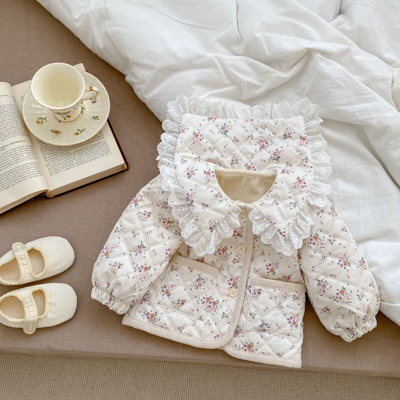 Zimski kaput za djevojčice, pliš za bebe, fragmentirano cvijeće, cvjetni rub, ovratnik s preklopom, pamuk, zadebljani otvoreni bod s dugim rukavima