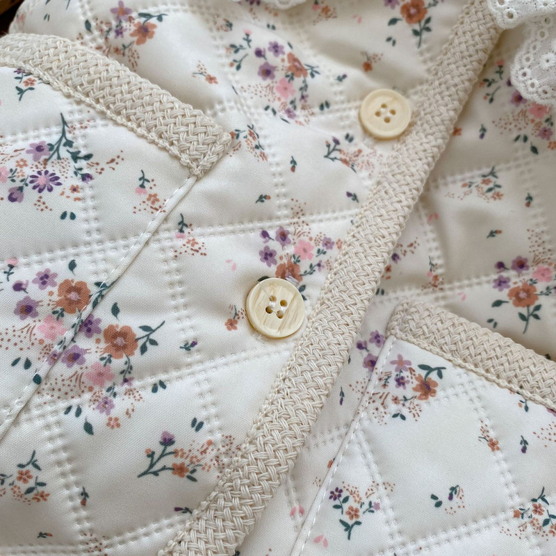 Zimski kaput za djevojčice, pliš za bebe, fragmentirano cvijeće, cvjetni rub, ovratnik s preklopom, pamuk, zadebljani otvoreni bod s dugim rukavima