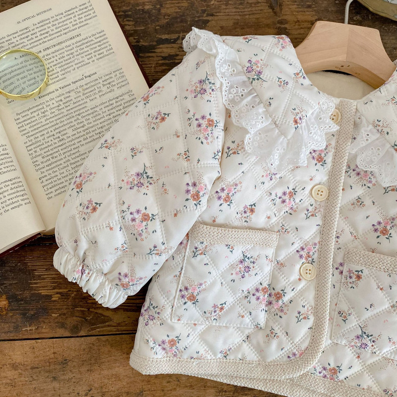 Zimski kaput za djevojčice, pliš za bebe, fragmentirano cvijeće, cvjetni rub, ovratnik s preklopom, pamuk, zadebljani otvoreni bod s dugim rukavima