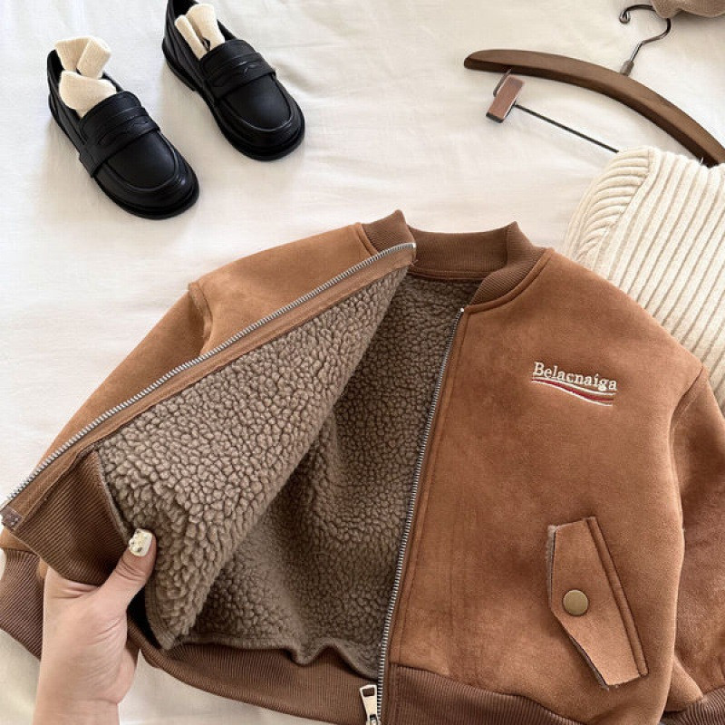 Flis jakna za dječake Jesen Zima Sloma Vez Debela topla Bejzbol kaput od janjeće vune Patent zatvarač Ležerna gornja odjeća za dječake