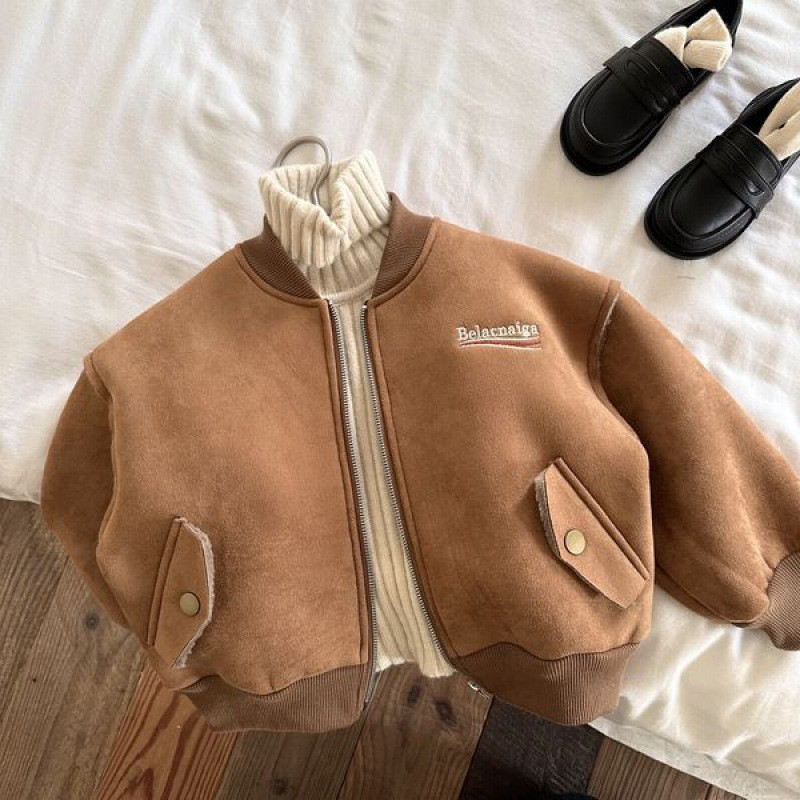 Flis jakna za dječake Jesen Zima Sloma Vez Debela topla Bejzbol kaput od janjeće vune Patent zatvarač Ležerna gornja odjeća za dječake