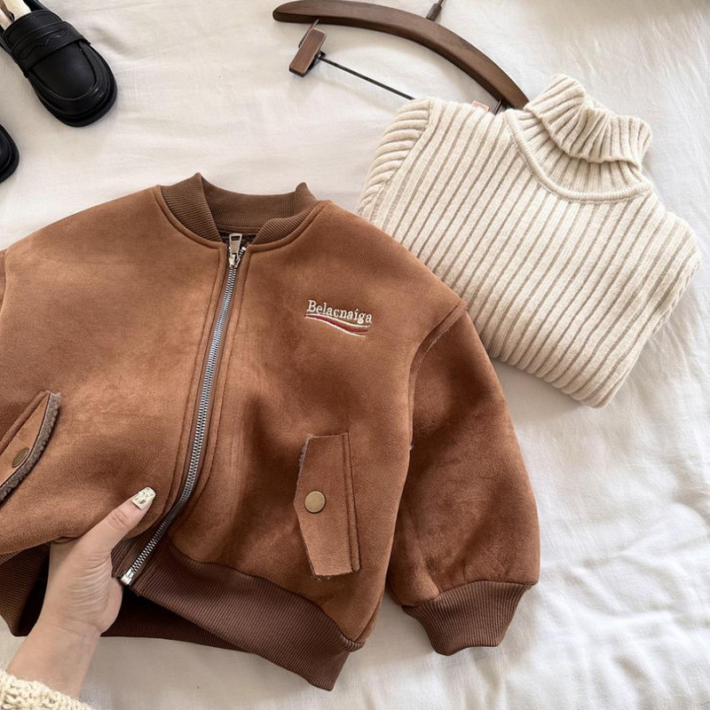 Flis jakna za dječake Jesen Zima Sloma Vez Debela topla Bejzbol kaput od janjeće vune Patent zatvarač Ležerna gornja odjeća za dječake