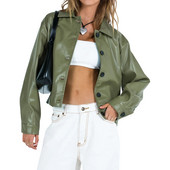 Γυναικείο δερμάτινο Crop Jacket Casual μονόχρωμο μακρυμάνικο κουμπί Ζακέτα PU Moto τζάκετ Φθινοπωρινά ρούχα Πανκ Streetwear