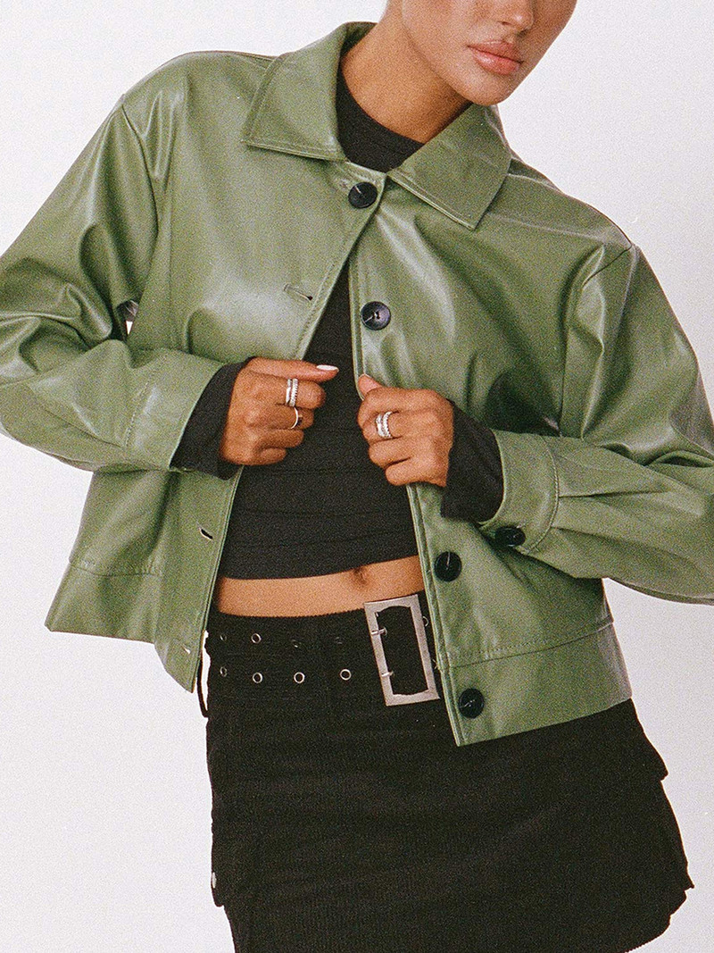 Ženska kožna kratka jakna, ležerna, jednobojna, kardigan s dugmićima, PU moto jakna, jesenska odjeća, gornja odjeća, punk ulična odjeća