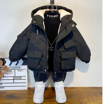 Ново зимно пухено памучно яке за момчета, черно палто с качулка, детско връхно облекло, тийнейджърско 3-8 г., детска парка, подплатен снежен костюм XMP323