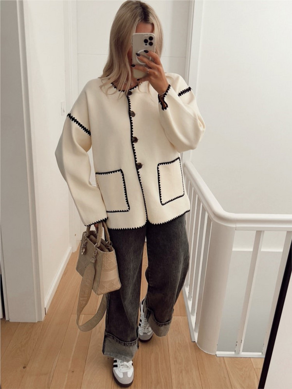 Modni patchwork pleteni kratki kaput Ženski kaput s O-izrezom i dugim rukavima s jednim kopčanjem i džepovima Jesenski šik ženski ulični kaput 2023.