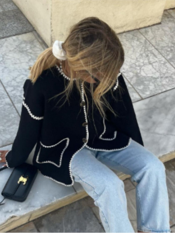 Modni patchwork pleteni kratki kaput Ženski kaput s O-izrezom i dugim rukavima s jednim kopčanjem i džepovima Jesenski šik ženski ulični kaput 2023.