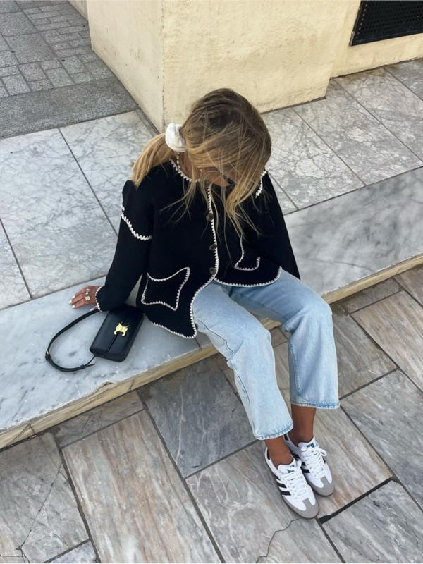 Modni patchwork pleteni kratki kaput Ženski kaput s O-izrezom i dugim rukavima s jednim kopčanjem i džepovima Jesenski šik ženski ulični kaput 2023.