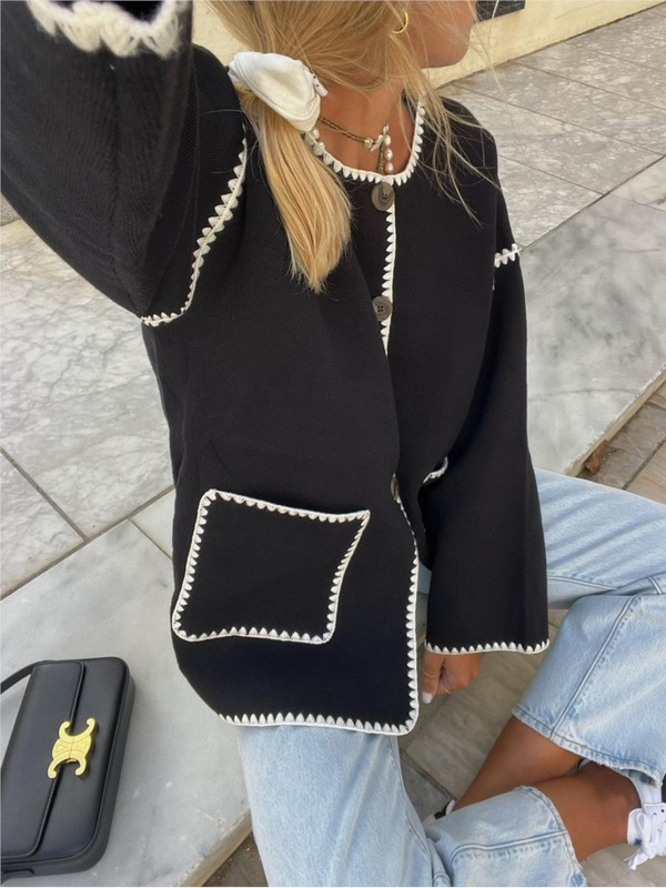 Modni patchwork pleteni kratki kaput Ženski kaput s O-izrezom i dugim rukavima s jednim kopčanjem i džepovima Jesenski šik ženski ulični kaput 2023.