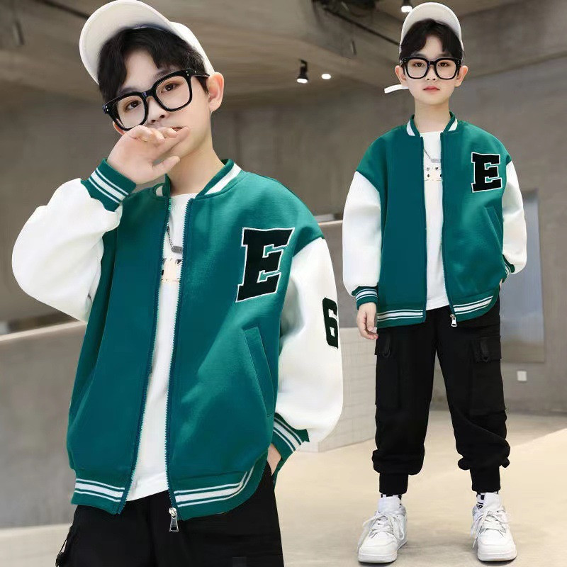 Ανοιξιάτικη μόδα Πράσινο μαύρο γράμμα μπουφάν μπέιζμπολ Βρεφικά ρούχα για αγόρια για εφήβους Παιδική ζακέτα 3-13 ετών Παιδικά casual outwear παλτό